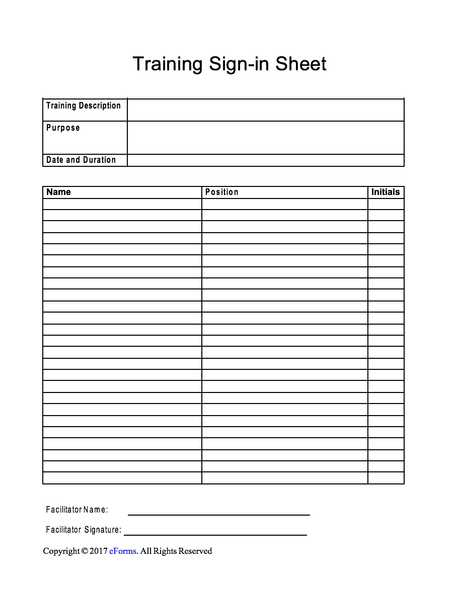Training Sign In Sheet Template | Eforms – Free Fillable Forms With Training Documentation Template Word