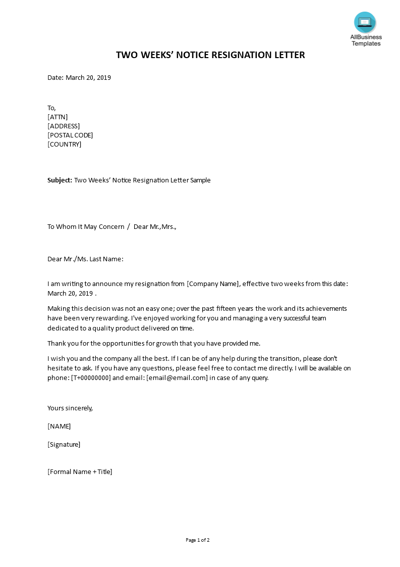 Two Weeks Notice Resignation | Templates At Pertaining To 2 Weeks Notice Template Word