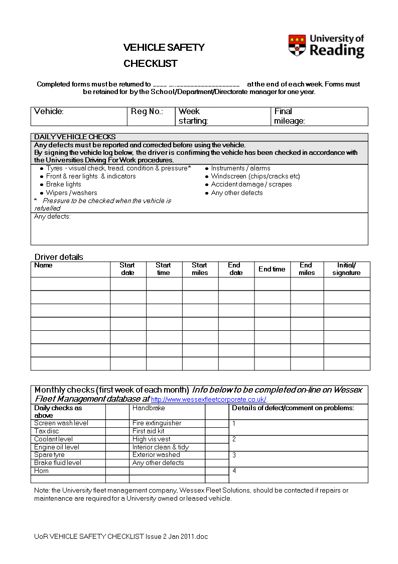 Vehicle Safety Checklist Word | Templates At In Vehicle Checklist Template Word