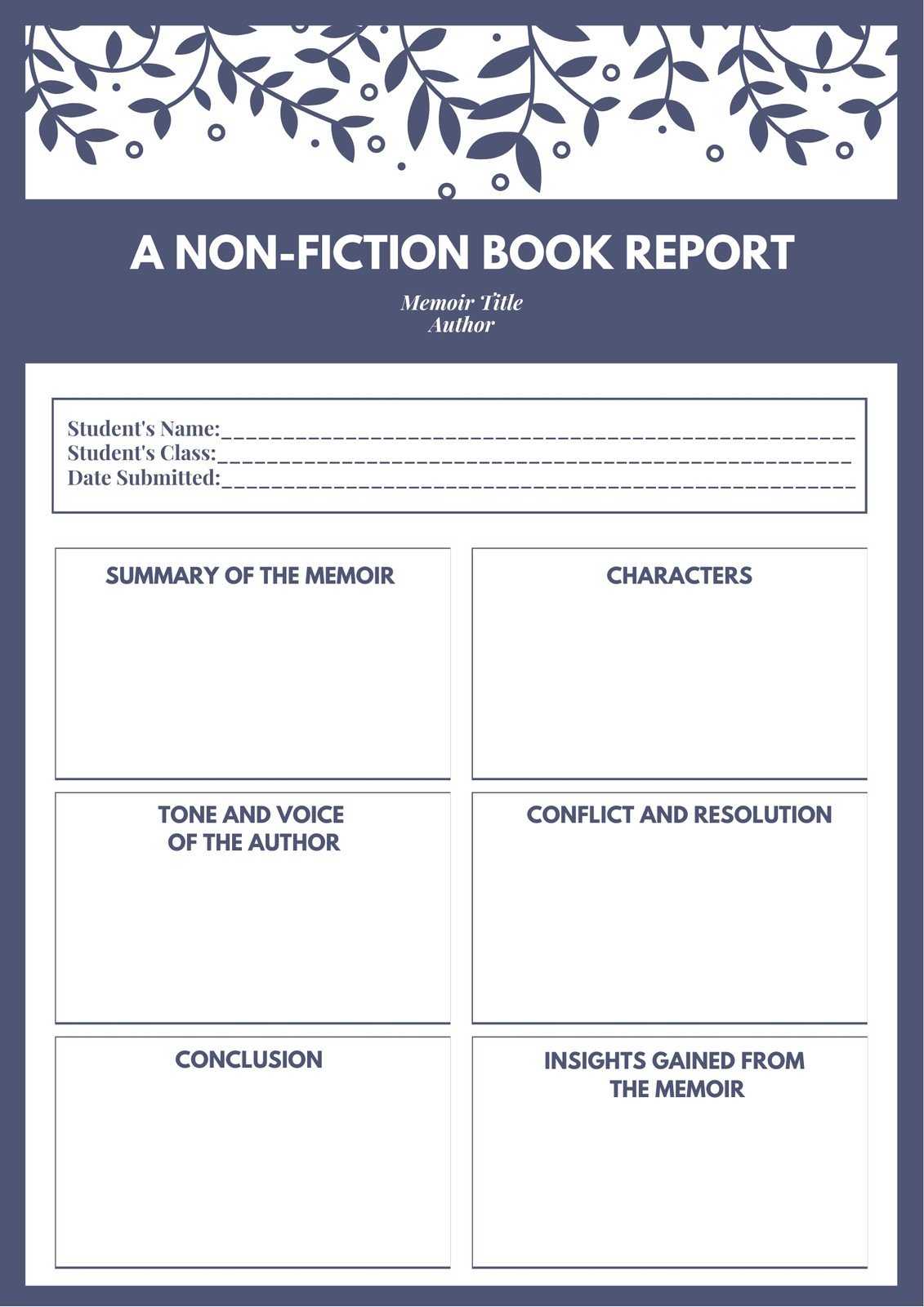 Violet White Vines Non Fiction Book Report – Templatescanva Within Nonfiction Book Report Template