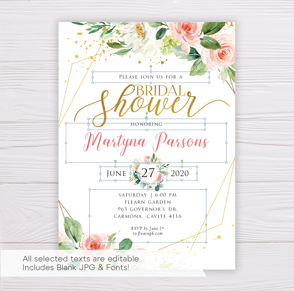Watercolor Blush Flowers With Gold Frame Bridal Shower Invitation Template Throughout Blank Bridal Shower Invitations Templates