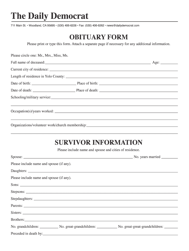 Writable Obituary Form – Fill Online, Printable, Fillable With Regard To Fill In The Blank Obituary Template